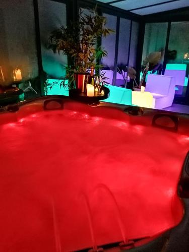 - une grande baignoire rouge dans la chambre dans l'établissement L'étincelle, à Saint-Christol-lès-Alès