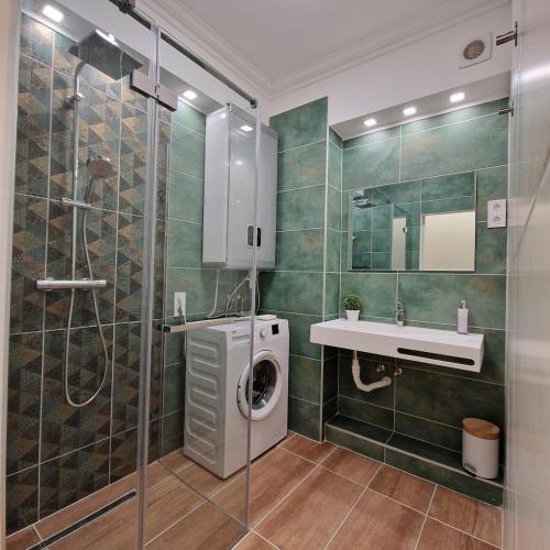 a bathroom with a washing machine and a sink at Central Greatforest Apartman 2 in Debrecen