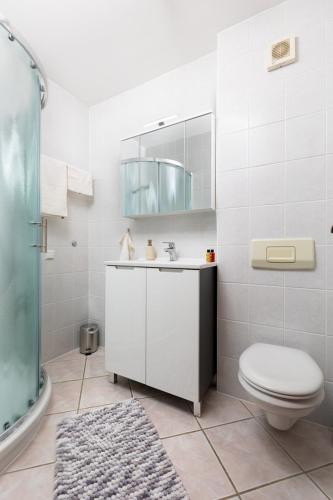 a bathroom with a toilet and a sink and a mirror at Apartments Barjaktarić in Malinska