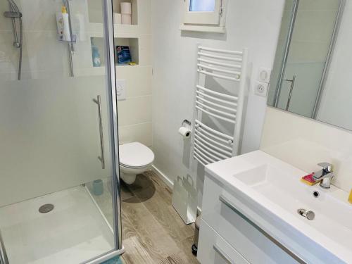 une salle de bain avec toilettes, lavabo et douche dans l'établissement Villa club climatisée pour 4 personnes avec piscine accessible de mai à septembre, à Sanary-sur-Mer