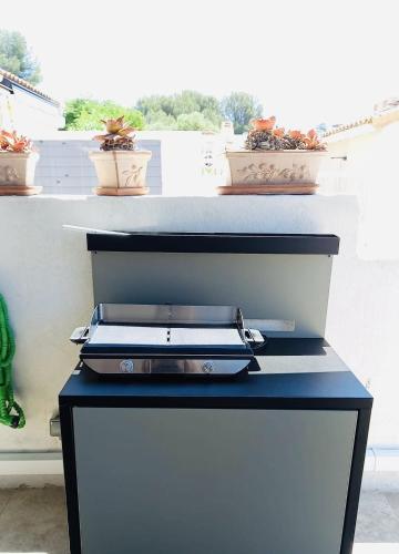 une table noire avec des plantes en pot en haut dans l'établissement Villa club climatisée pour 4 personnes avec piscine accessible de mai à septembre, à Sanary-sur-Mer