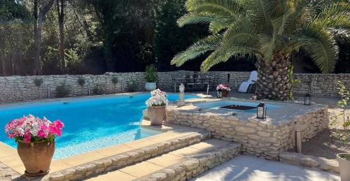 a swimming pool with a palm tree and a stone wall at Villa provençale in Châteaurenard