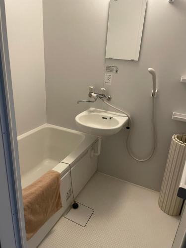 a bathroom with a sink and a bath tub at Villa Hayabusa in Osaka