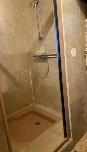 une douche avec une porte vitrée dans une salle de bain dans l'établissement Magnone Vacance - Gîte Belle Vue, à Lavercantière