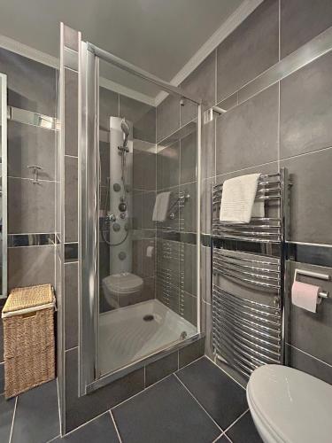 une salle de bain avec une douche, des toilettes et un lavabo dans l'établissement Studio Victoria 200 m Carlton Hotel & Croisette, à Cannes