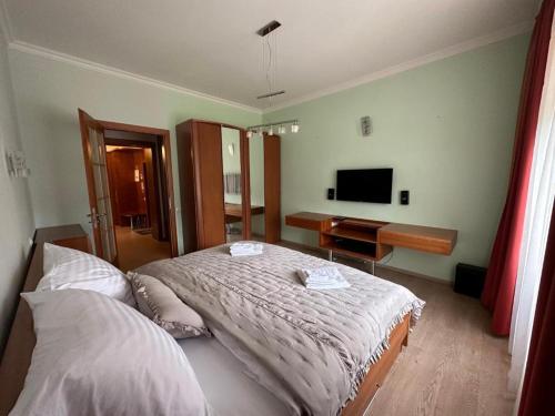 a bedroom with a bed and a desk and a television at Sara Apartman in Mariánské Lázně