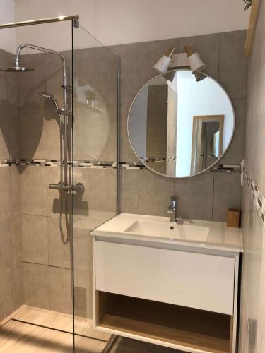 une salle de bain avec un lavabo et un miroir dans l'établissement Chambres au Fort la Prée, à La Flotte