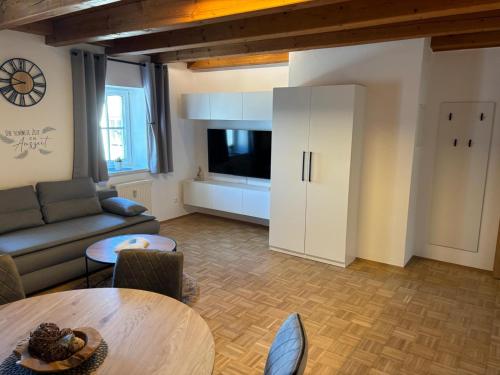 a living room with a couch and a tv at Köpplmühle Apartment in Freistadt
