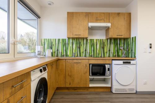 une cuisine avec des armoires en bois et une laveuse et une sécheuse dans l'établissement L'îlot Narossais 2 - idéal curistes - clim - proche Dax, à Narrosse