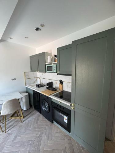 une cuisine avec des placards verts et un comptoir dans l'établissement MOON - 35, à Nice