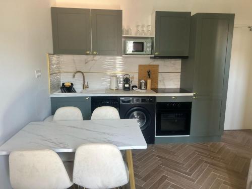 une cuisine avec des armoires vertes, une table et des chaises dans l'établissement MOON - 35, à Nice