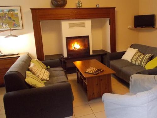 a living room with two couches and a fireplace at Gite brisset in Coulaures