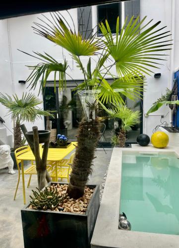 Cette chambre dispose d'une piscine bordée de palmiers et d'une table. dans l'établissement Maison avec bassin dans les remparts, à Aigues-Mortes