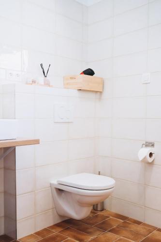 a bathroom with a white toilet in a room at Penzion Tlustá kachna in Chrudim