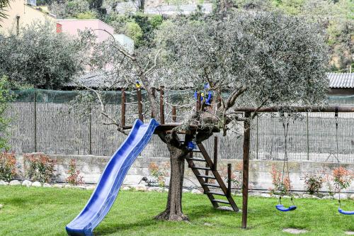 a playground with a blue slide in a tree at RUSTICO ALLE MURA Love & Bike in Toirano