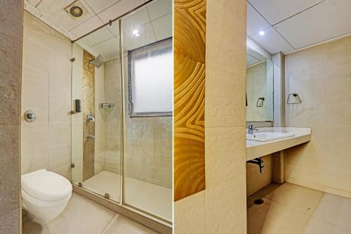 two pictures of a bathroom with a toilet and a shower at Super Townhouse The Royce New Friends Colony in New Delhi