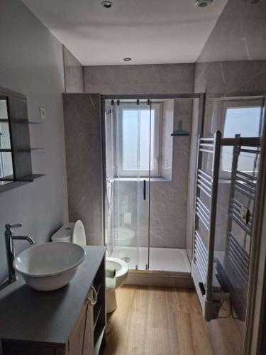 une salle de bain avec un lavabo et une douche en verre dans l'établissement La Normande - Belle maison à 200m de la plage, à Langrune-sur-Mer