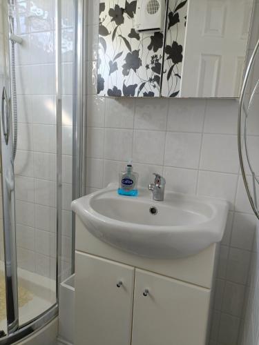 a white bathroom with a sink and a shower at Cosy Chalet, Seasonal Pool & Play Park Llansteffan in Llangain
