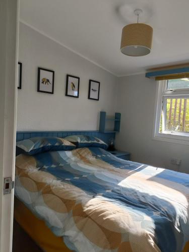 a bedroom with a bed with a comforter and a window at Cosy Chalet, Seasonal Pool & Play Park Llansteffan in Llangain