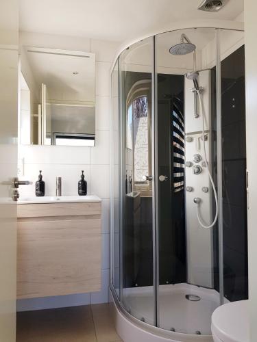 a bathroom with a shower and a sink at Dishoek in Dishoek
