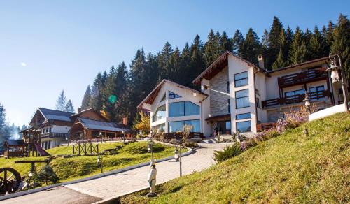 a house on the side of a hill with trees at Pension Perla Bucovinei in Voronet