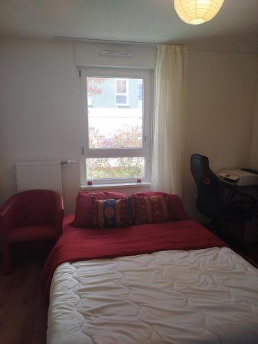 un lit dans une chambre avec une fenêtre dans l'établissement Appartement Confort centre ville Saint-Louis Accès Bâle et Allemagne, à Saint-Louis