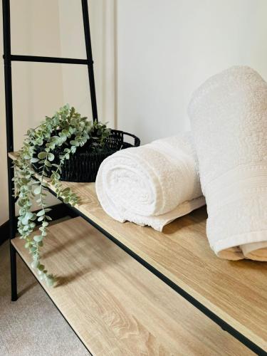 a shelf with towels and a plant on it at Spacious Maidstone 2Bed 2Bath - Parking & Balcony - Perfect for Family & Contractors in Maidstone