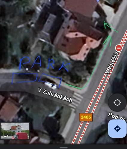 a map of a parking lot with the words park and rehabilitation at Guest Rooms in Private Home by Airport, Shared Bath, Non-Smoking, Contactless Check-in, No Staff, Quiet Stay, Short Stay in Kněžívka