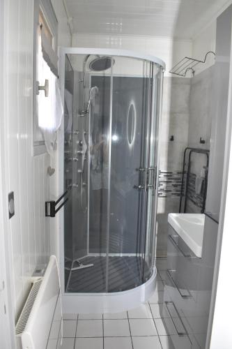 une salle de bain avec douche et lavabo dans l'établissement Appartement hyper centre ville,5pers 'le maloudgja' vue sur le sancy, à Le Mont-Dore