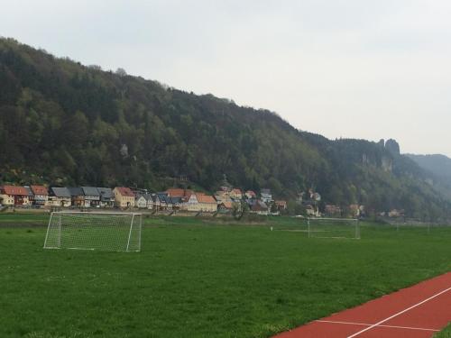 a soccer field with a goal in the grass at Pension Hönel-Hof Bad Schandau in Bad Schandau