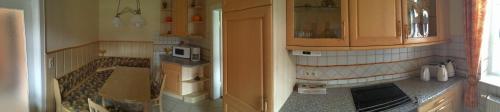 a kitchen with wooden cabinets and a counter top at Pension Hönel-Hof Bad Schandau in Bad Schandau