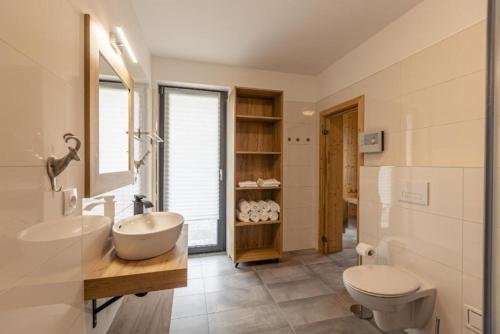 a bathroom with a sink and a toilet at Luxalps- Chalets Inzell- Sauna- Skifahren- Wandern- Natur- Chiemgau Card in Inzell