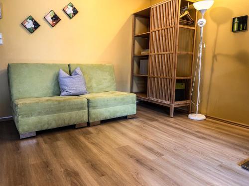 a living room with a green couch with a purple pillow at Apart Solaria - Wohnungen in Au-Schoppernau in Au im Bregenzerwald