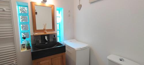 une salle de bain avec un lavabo et un miroir dans l'établissement Le Sainte Catherine, à Montignac