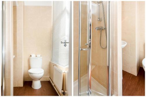 a bathroom with a toilet and a shower and a sink at Dancenter Bristol near Clifton Down Station in Bristol