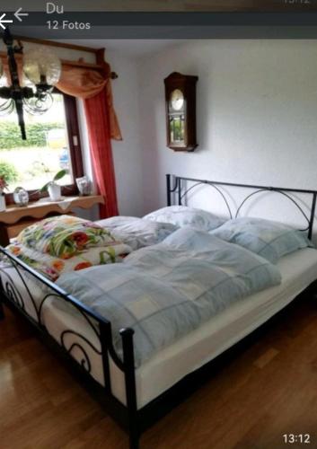 a bedroom with a bed with blue sheets and a window at Eselhof Oberlascheid in Oberlascheid