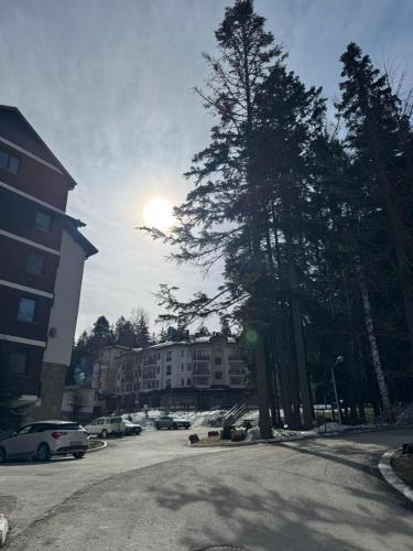 a view of a parking lot with cars and trees at Borovets Gardens MVS Apart D42 in Borovets