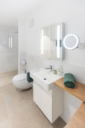 a white bathroom with a toilet and a sink and mirror at Gasthof zum Goldenen Hirschen in Ybbsitz