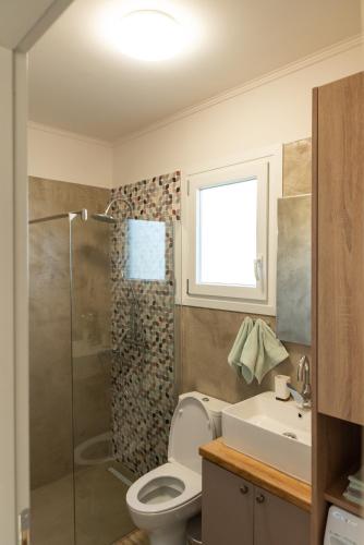 a bathroom with a toilet and a shower and a sink at Nina's Apartments in Kómi