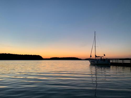 a boat sitting on the water at a dock at Forest Mood in Wieck