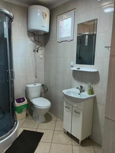 a bathroom with a toilet and a sink and a shower at Leśny Zakątek - Domek nad samym jeziorem in Gołdap