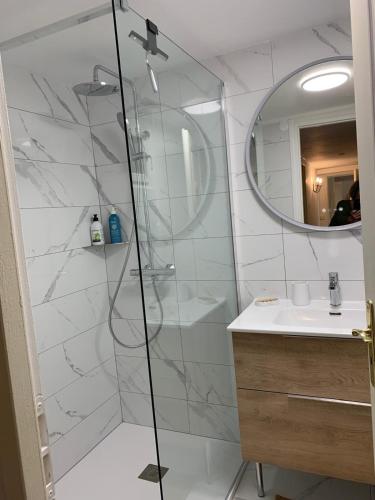 une salle de bain avec une douche avec un lavabo et un miroir dans l'établissement Maison de Rêve-Piscine-Activités-Vue Imprenable, à Grambois