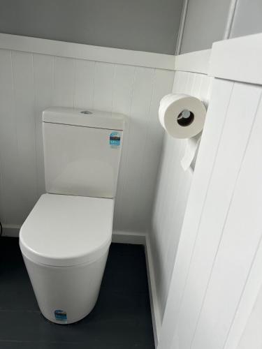 a bathroom with a toilet and a roll of toilet paper at Character Home in Prime Location in Whangarei