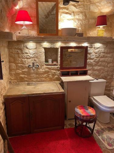a bathroom with a sink and a toilet and a red rug at Les gardiens d'antan in Béru