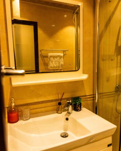 a bathroom with a white sink and a mirror at Eastern Hills Apartments in Accra