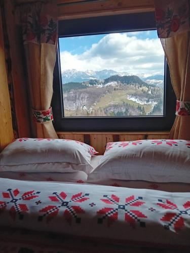 a bedroom with two beds and a large window at Casa rustica in Braşov