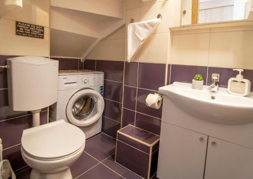 ein Badezimmer mit Toilette, Waschbecken und Waschmaschine in der Unterkunft Apartment Superb View 2 in Dubrovnik