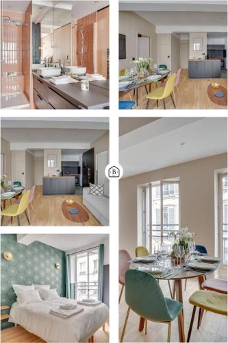 une série de quatre photos d'une cuisine et d'une salle à manger dans l'établissement 167 Suite K - Superbe Appartement à Paris, à Paris