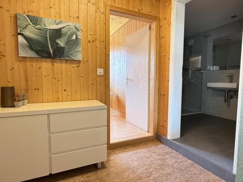 a bathroom with a walk in shower and a sink at Revier Bliili und Spitzer in Diesbach
