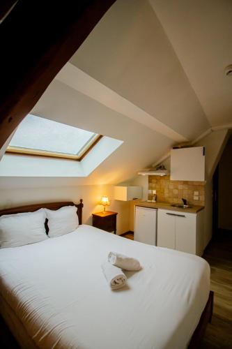 a bedroom with a large white bed with a skylight at Albert 1er in Albertville